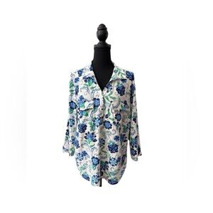 Emily Daniels Spring Floral Textured Collared White Blouse with Blue Flowers